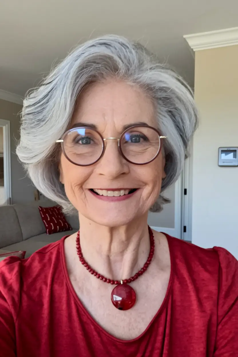 Hair Color & Winter Hairstyles for Women Over 60: 2025-2026 Layered Silver Bob with Round Frames