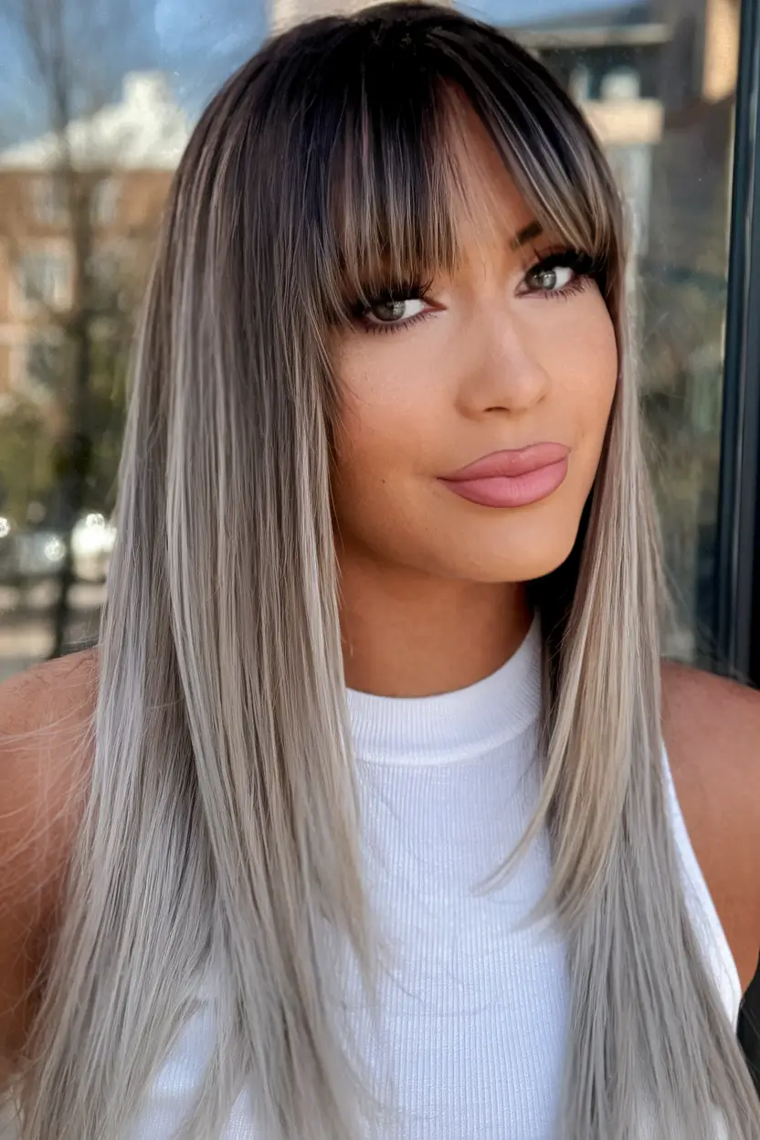 Hair Colors Ideas for Winter 2025-2026 Frosted Blonde with Statement Fringe