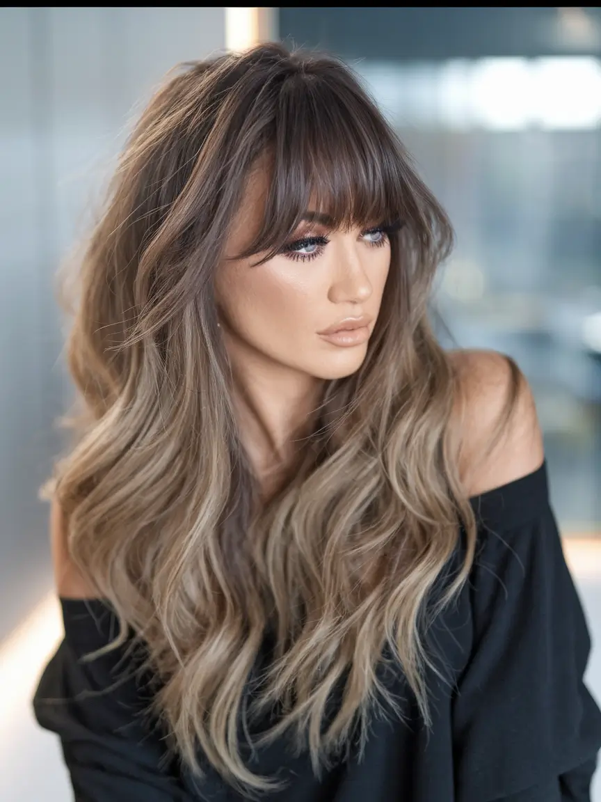 Haircuts to Try in October 2025 Long Layers with Curtain Bangs