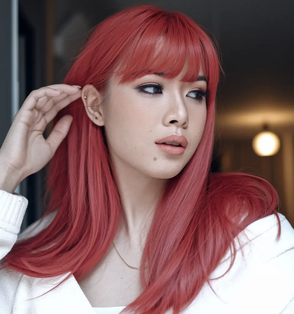Haircuts to Try in October 2025 Berry-Toned Straight Cut with Bangs