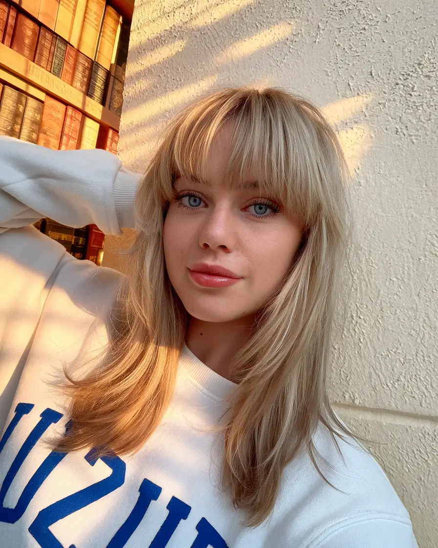 Modern Winter Haircuts Guide 2025-2026 Soft Blonde Layers with Playful Bangs