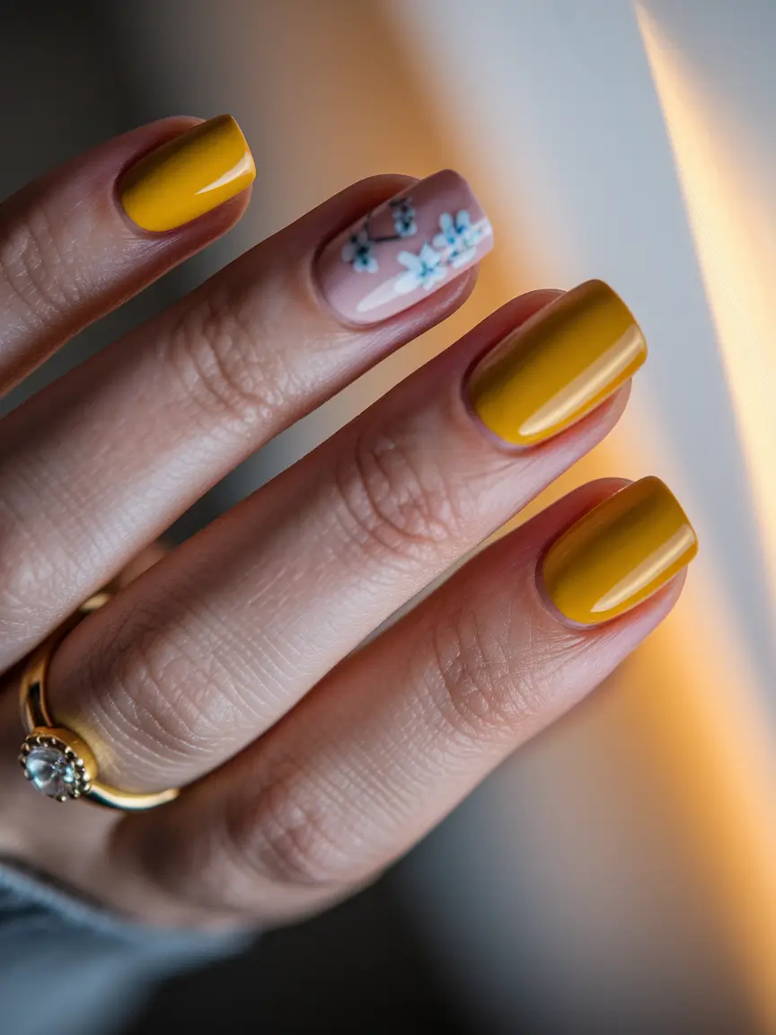 NEW Fall 2025 Nail Color Trends Mustard Yellow with Floral Accent