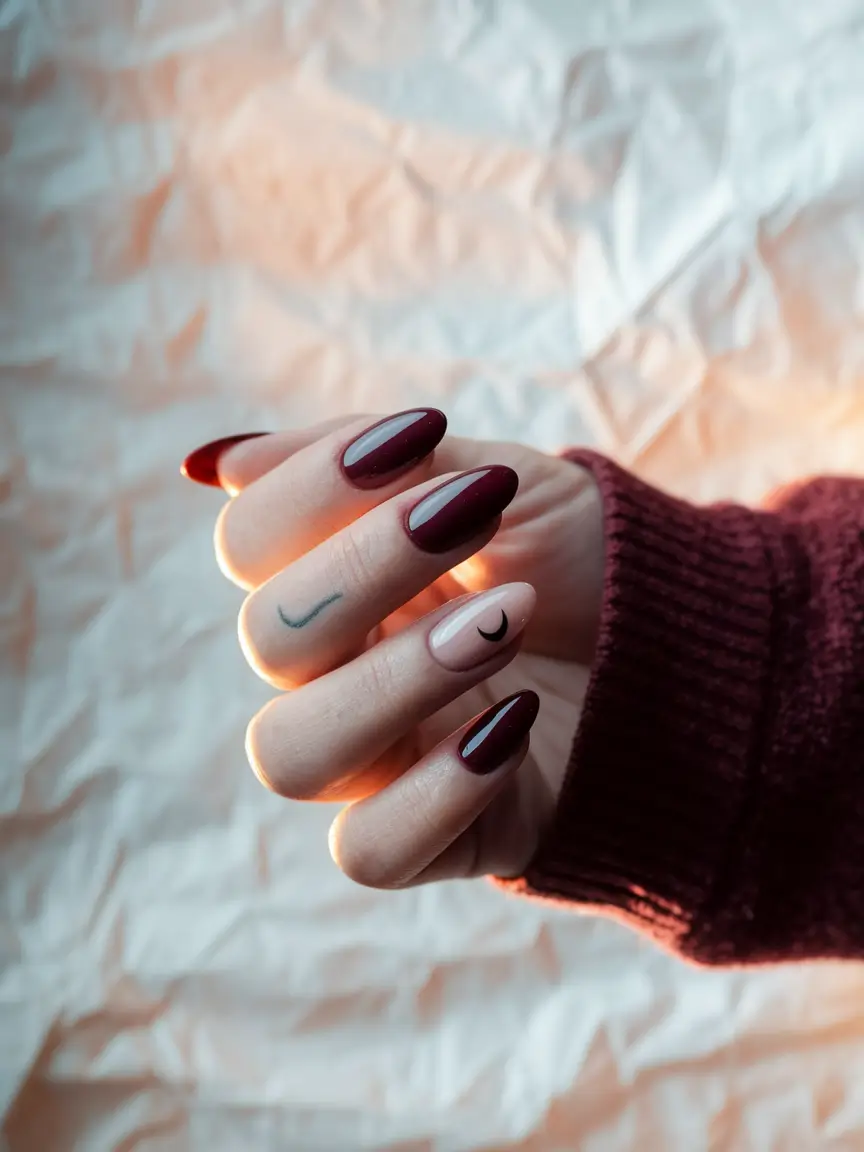 NEW Fall 2025 Nail Color Trends Burgundy Moon Accent