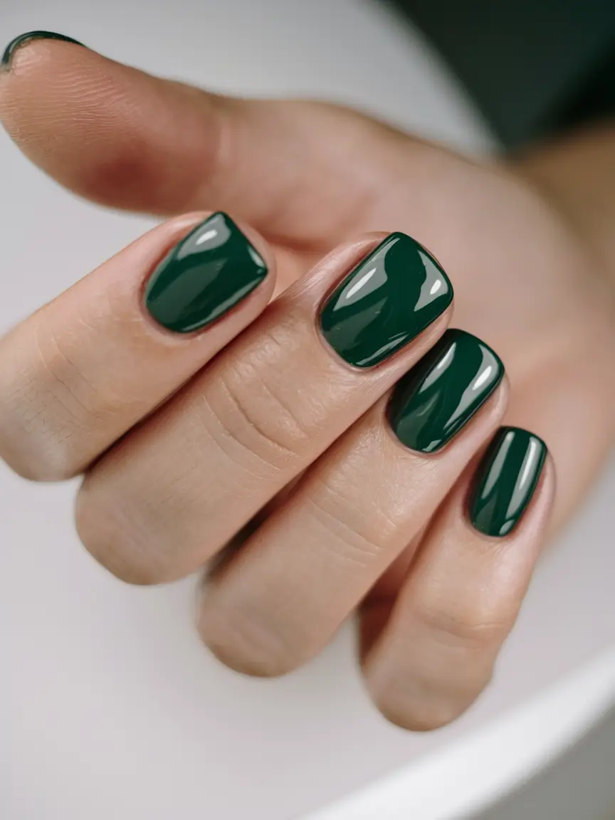 NEW Fall 2025 Nail Color Trends Evergreen Elegance in Short Square