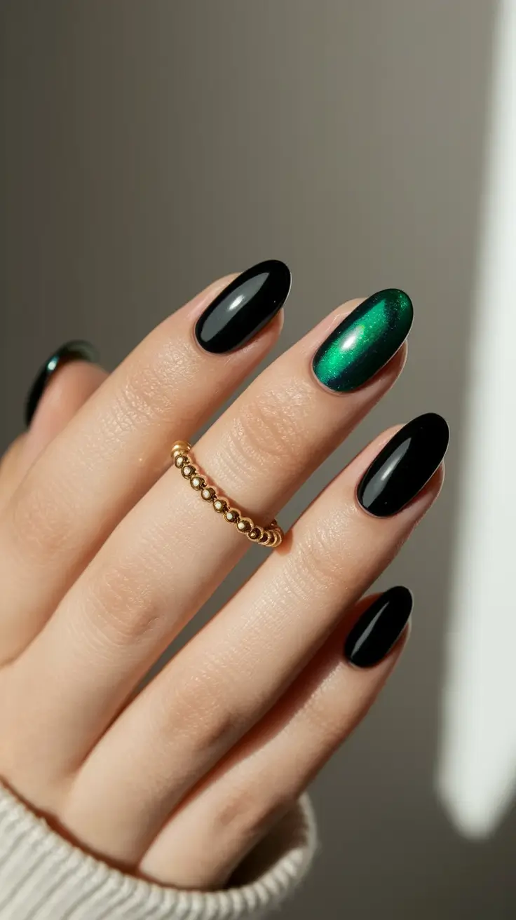 NEW Fall 2025 Nail Color Trends Almond Black with Emerald Accent