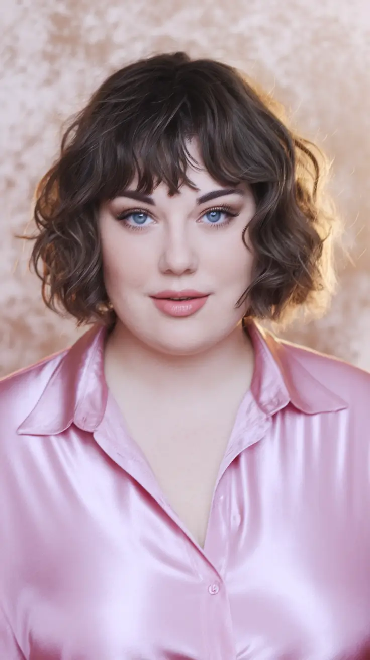 Plus Size Winter Haircuts for Women 2025 / 2026 Soft Curly Bob with Wispy Bangs