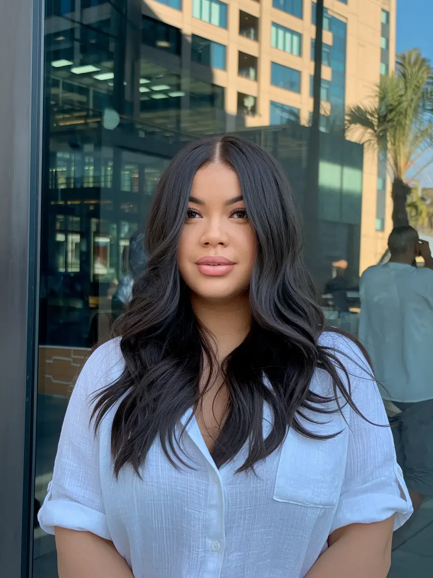 Plus Size Winter Haircuts for Women 2025 / 2026 Glossy Mid-Length Layers with Middle Part