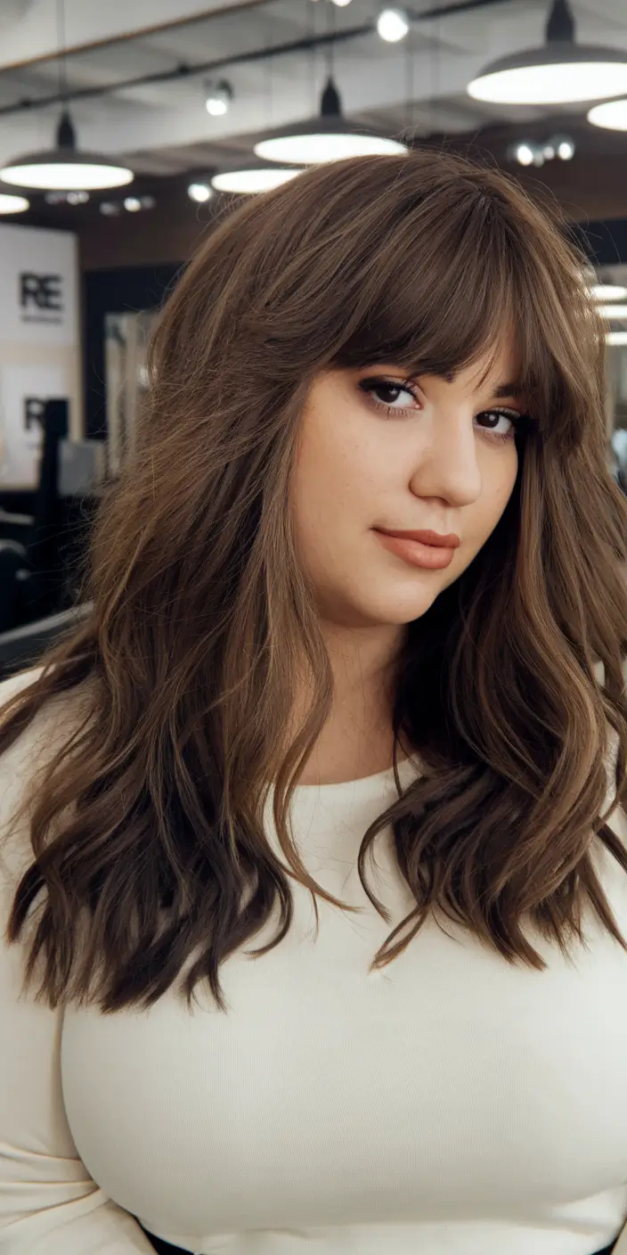 Plus Size Winter Haircuts for Women 2025 / 2026 Textured Lob with Full Bangs