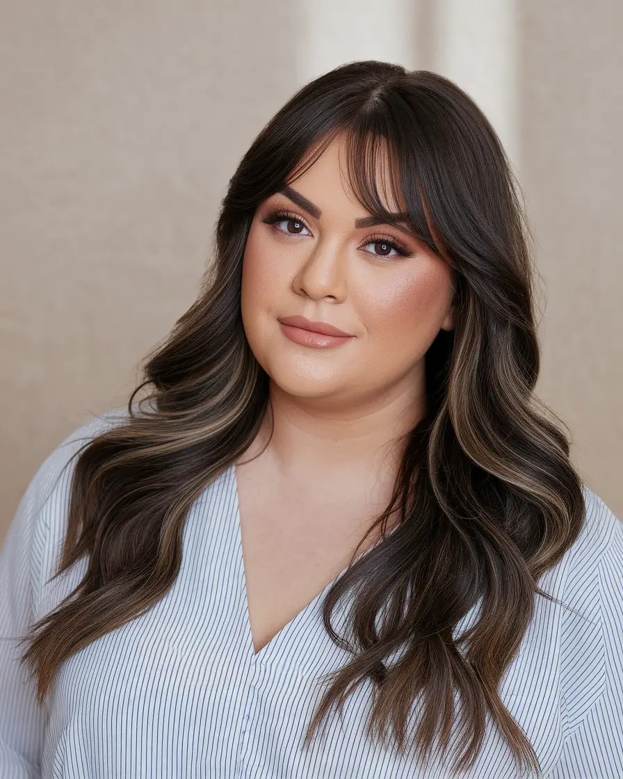 Plus Size Winter Haircuts for Women 2025 / 2026 Dimensional Brunette with Face-Framing Highlights