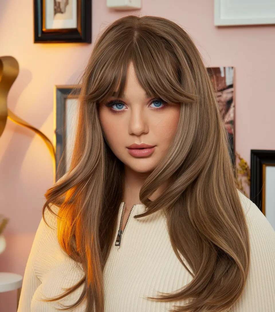 Plus Size Winter Haircuts for Women 2025 / 2026 Chestnut Brown with Soft Curtain Fringe