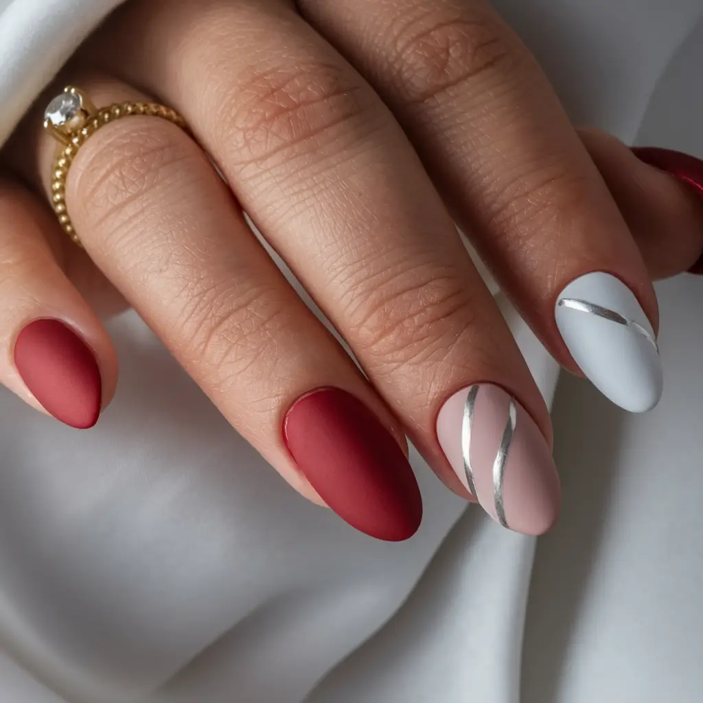 Red Fall Nail Designs 2025 Matte Burgundy with Silver Accents