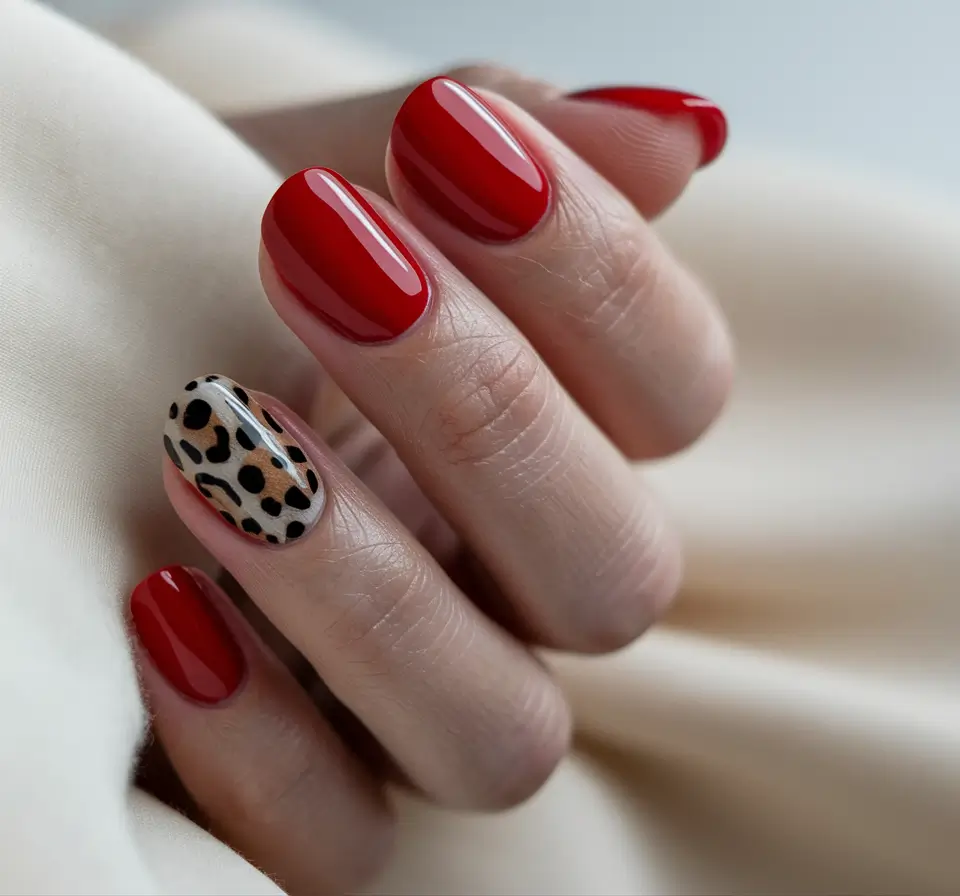Red Fall Nail Designs 2025 Leopard Accent with Red