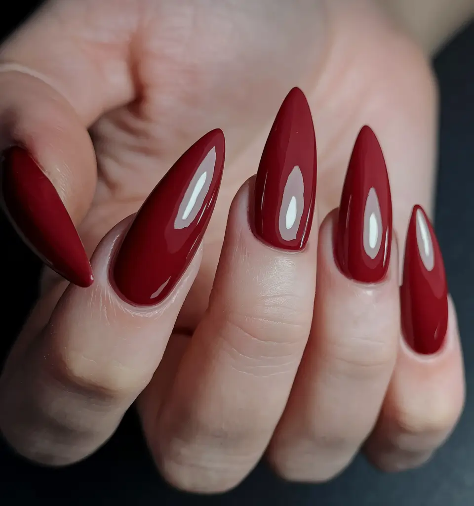 Red Fall Nail Designs 2025 Sharp Cherry Stilettos