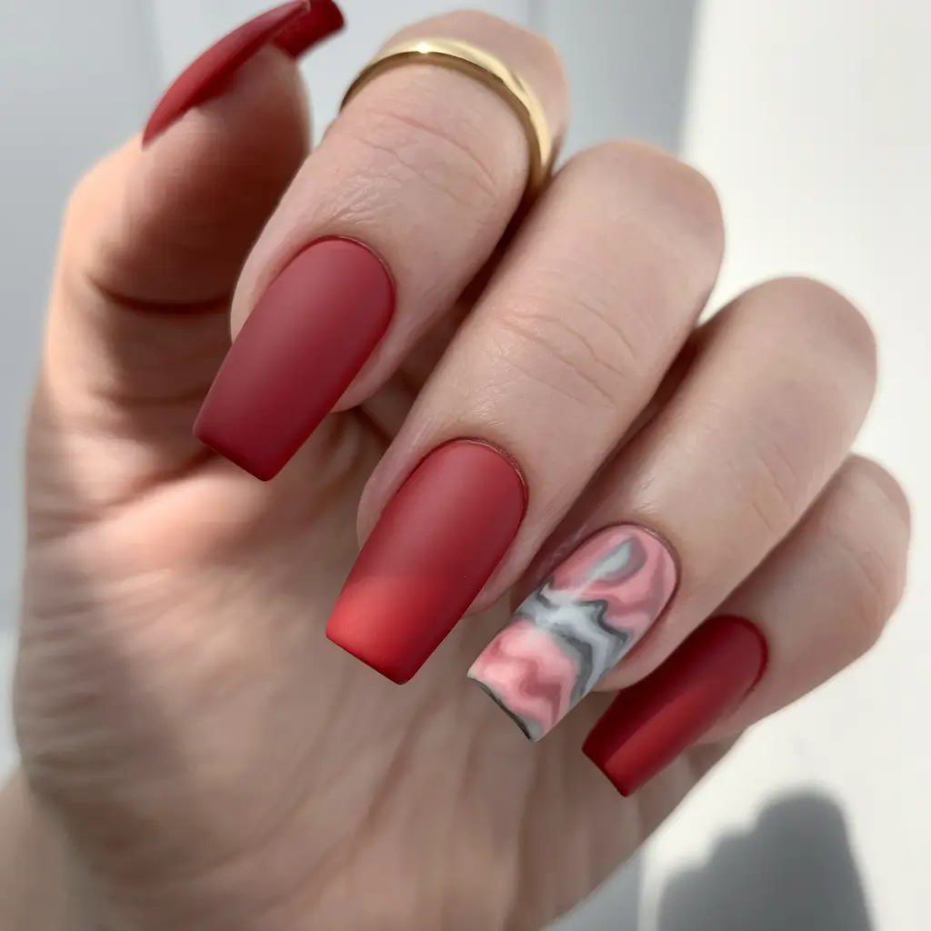 Red Fall Nail Designs 2025 Matte Red with Marble Accent