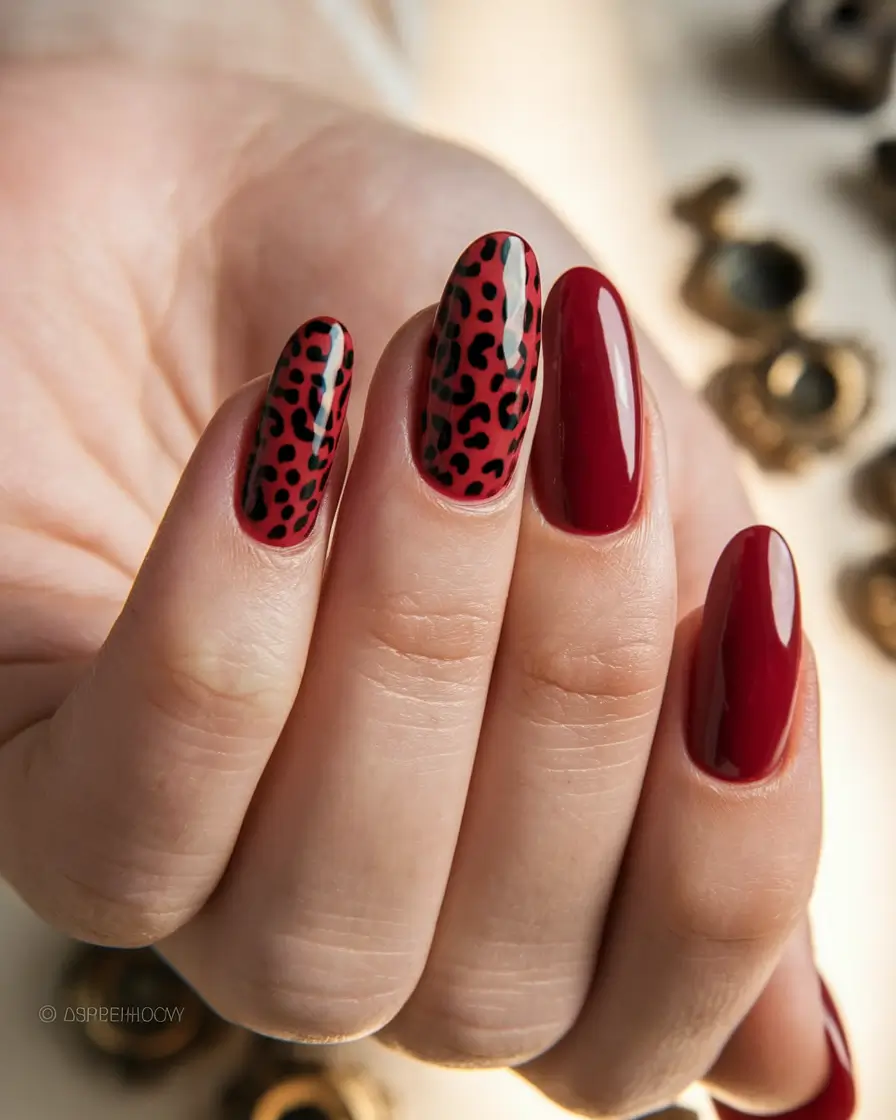 Red Fall Nail Designs 2025 Leopard Print Accent