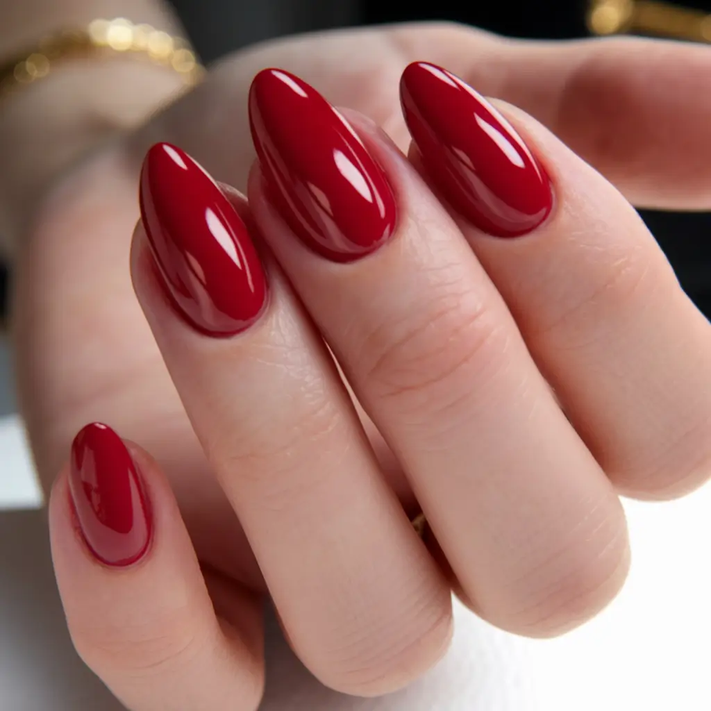 Red Fall Nail Designs 2025 Bright Glossy Almonds