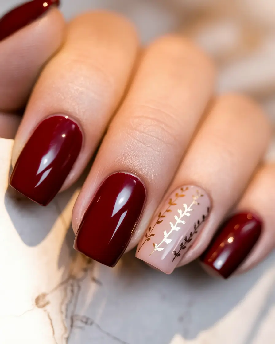 Red Fall Nail Designs 2025 Autumn Leaf Accent