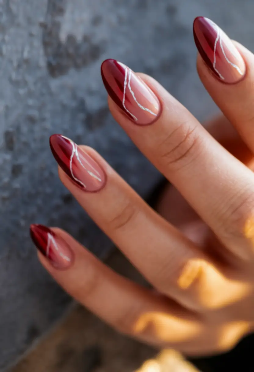 Red Fall Nail Designs 2025 Diagonal Burgundy Lines