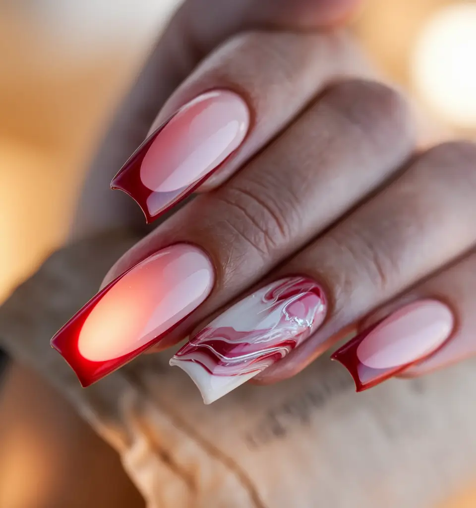 Red Fall Nail Designs 2025 Red French with Marble Accent