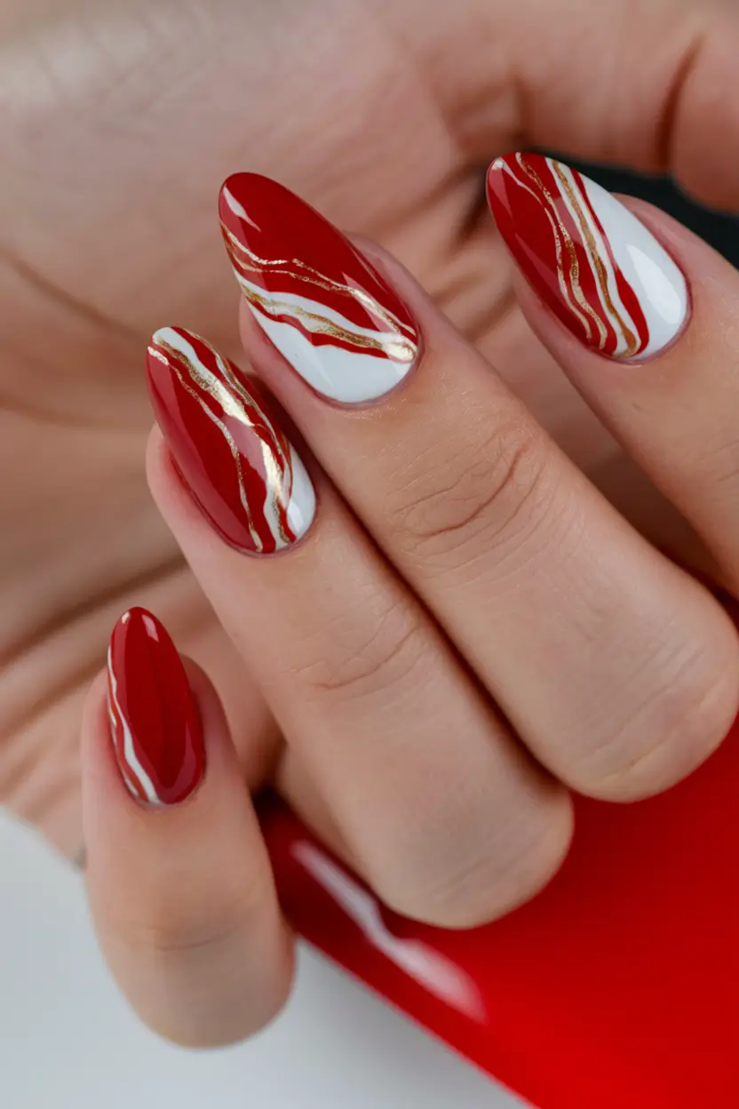 Red Fall Nail Designs 2025 Red Marble Waves with Gold