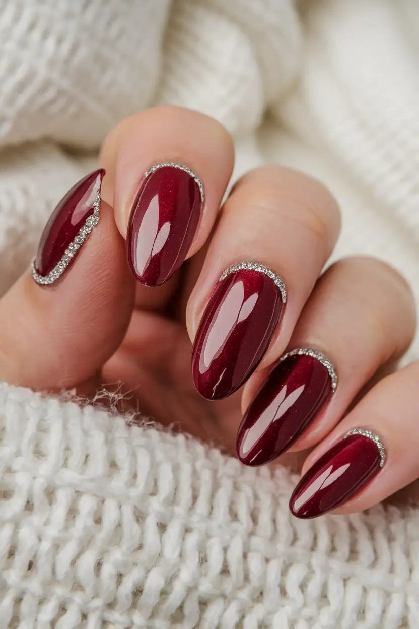 Red Fall Nail Designs 2025 Burgundy with Crystal Cuticles