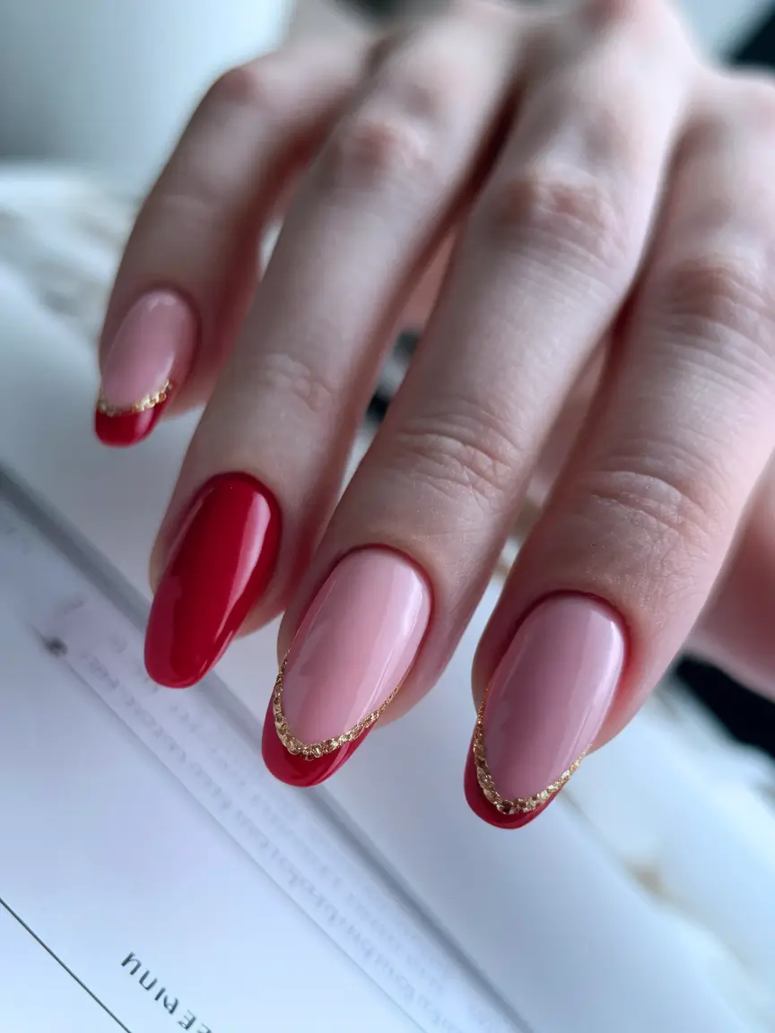 Red Fall Nail Designs 2025 Red and Nude French with Gold
