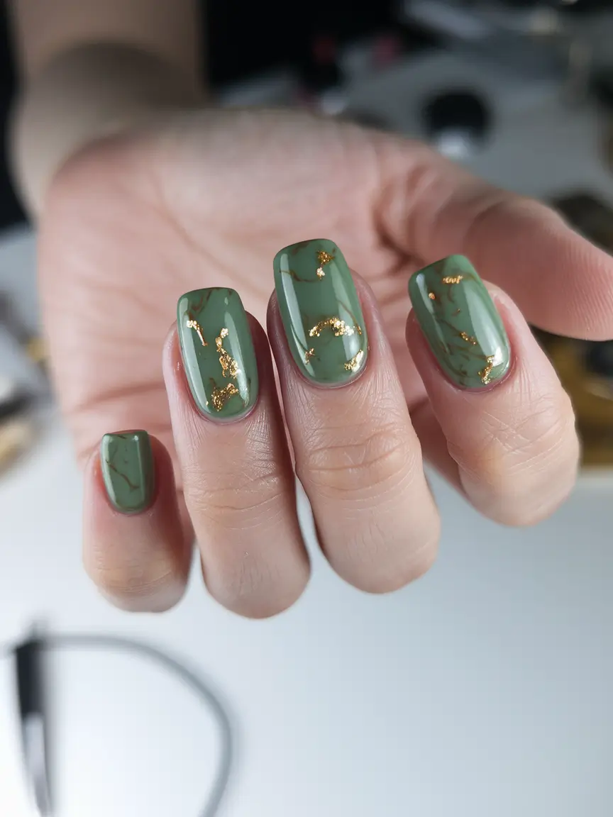 Simple Fall Nails Ideas 2025 Green Marble Luxe