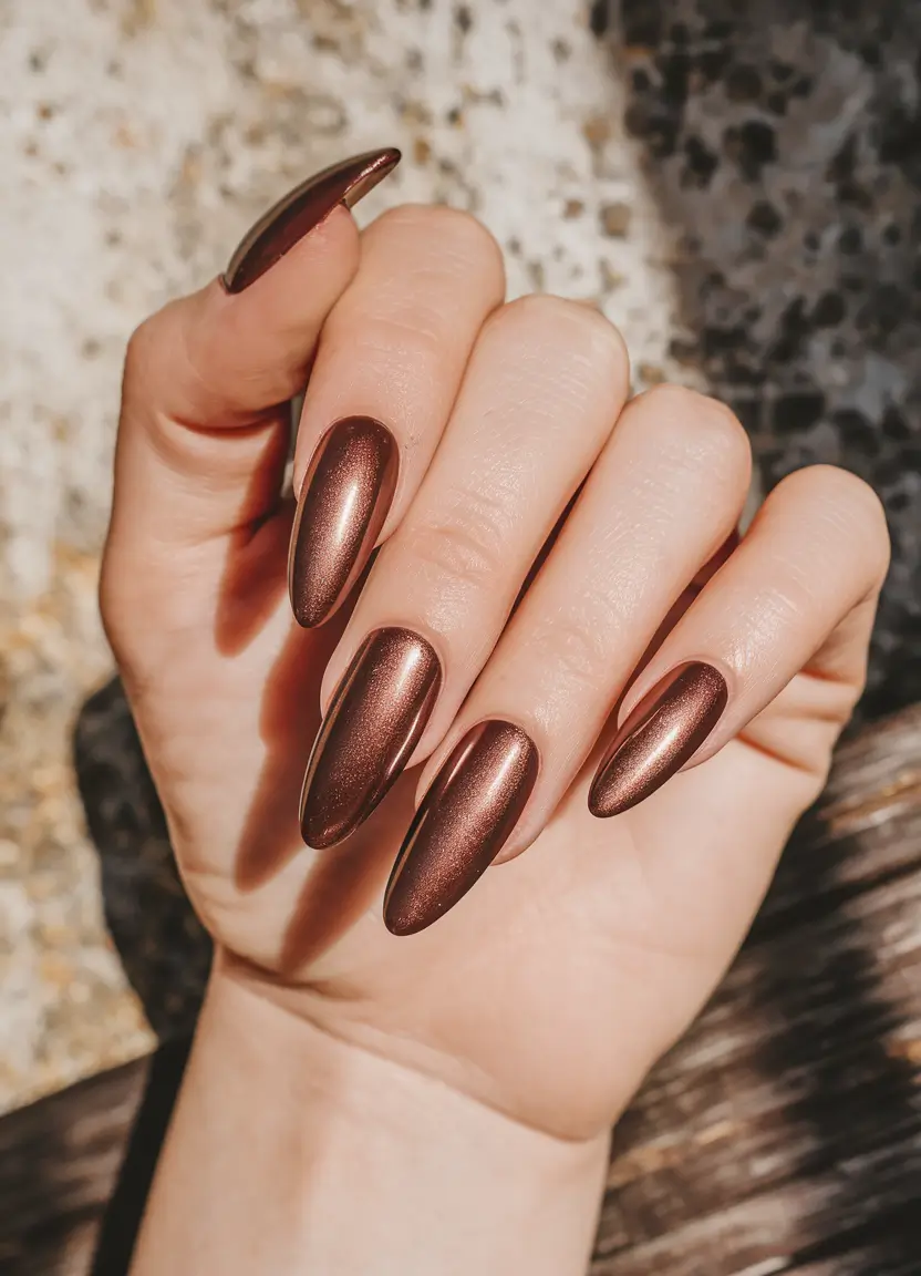 Simple Fall Nails Ideas 2025 Metallic Bronze Shine