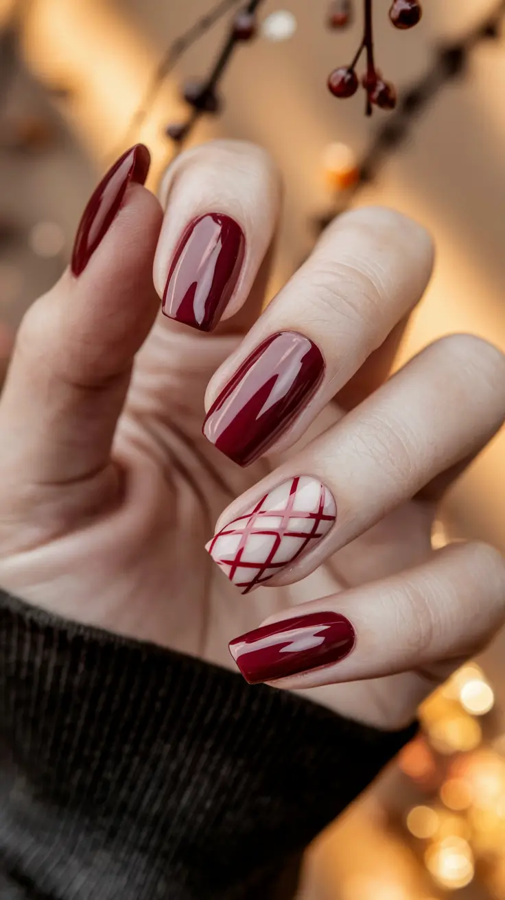 Simple Fall Nails Ideas 2025 Crimson with Plaid Accent