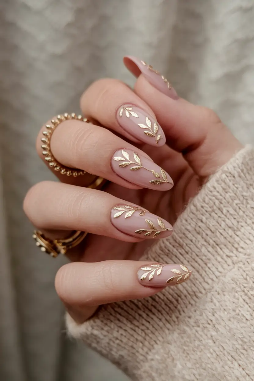 Simple Fall Nails Ideas 2025 Gold Leaf on Nude