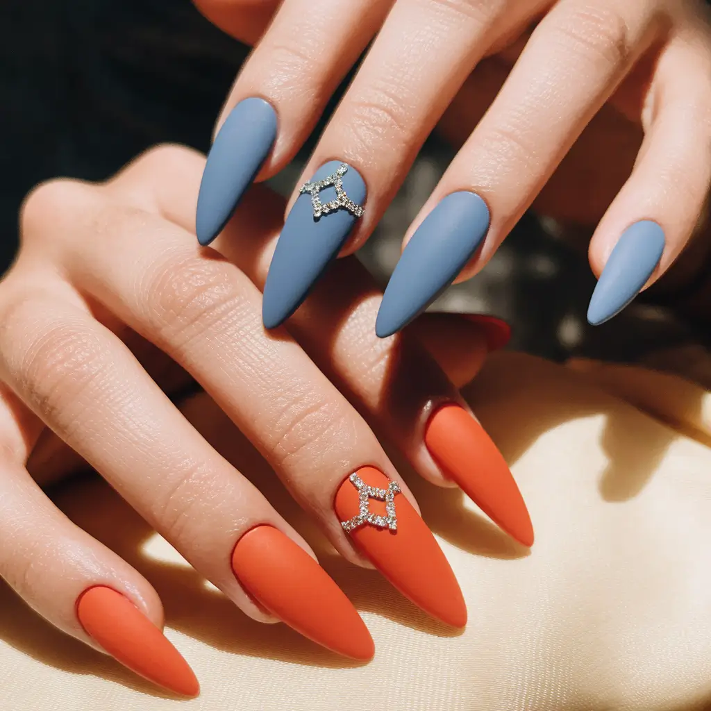 Simple Fall Nails Ideas 2025 Matte Duo with Rhinestone Accents