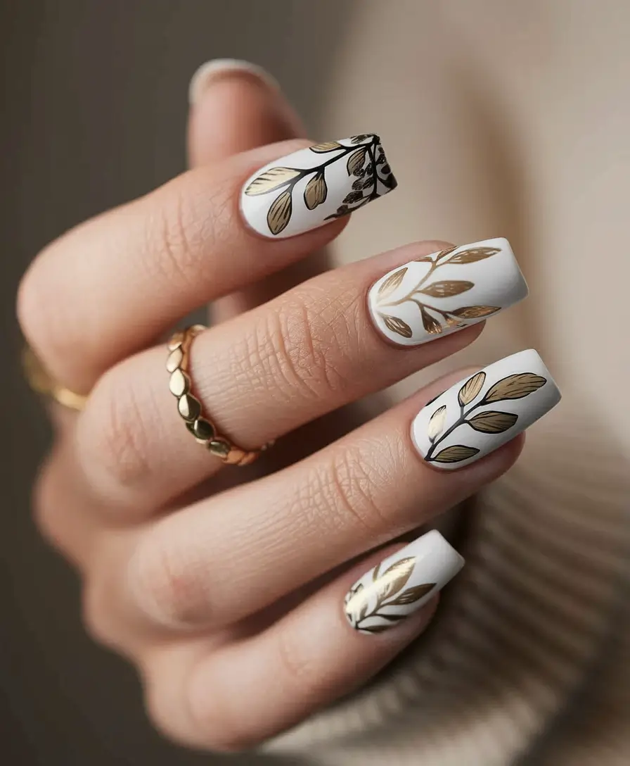 Simple Fall Nails Ideas 2025 Golden Leaf Minimalism