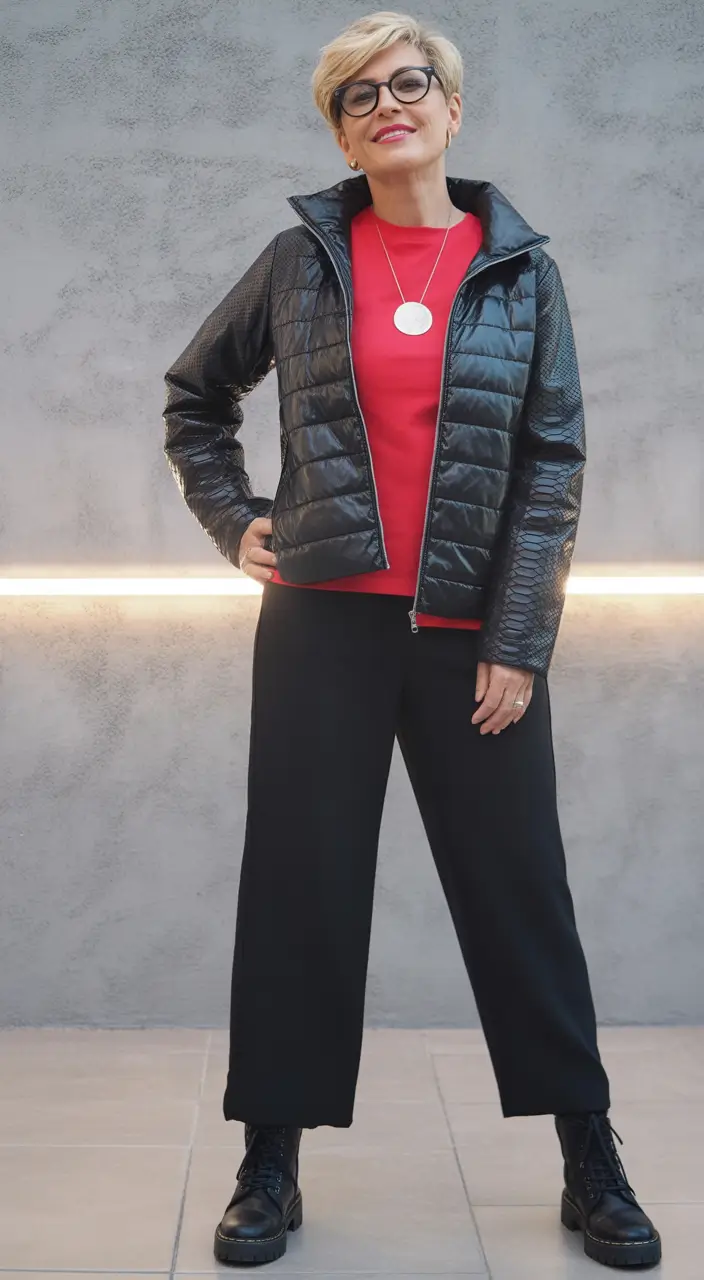 Stylish for Women Over 40 Winter Outfit 2025–2026 Casual Red with Edgy Outerwear