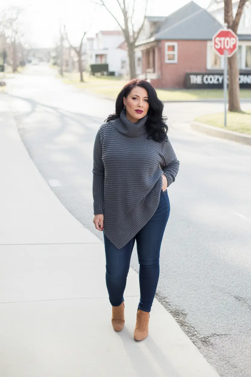 Stylish for Women Over 40 Winter Outfit 2025–2026 Cozy Asymmetry with Sleek Denim