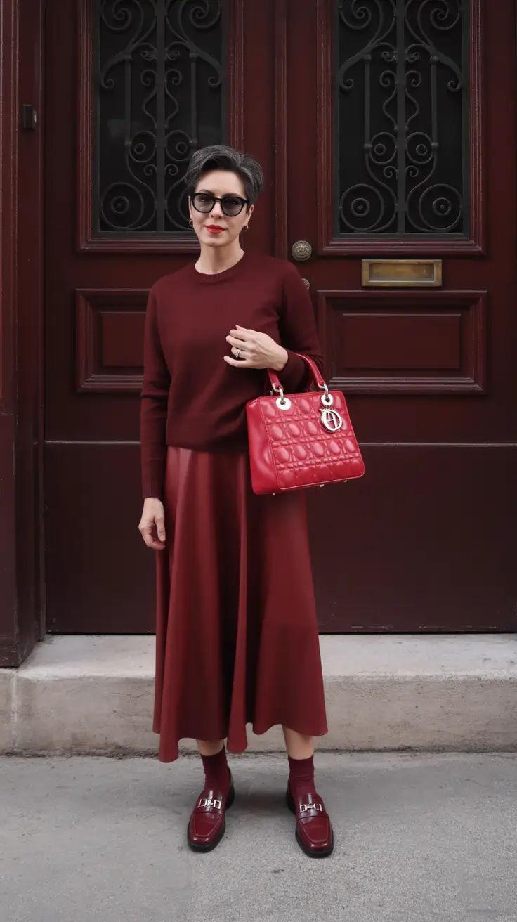 Stylish for Women Over 40 Winter Outfit 2025–2026 Monochrome Elegance in Burgundy