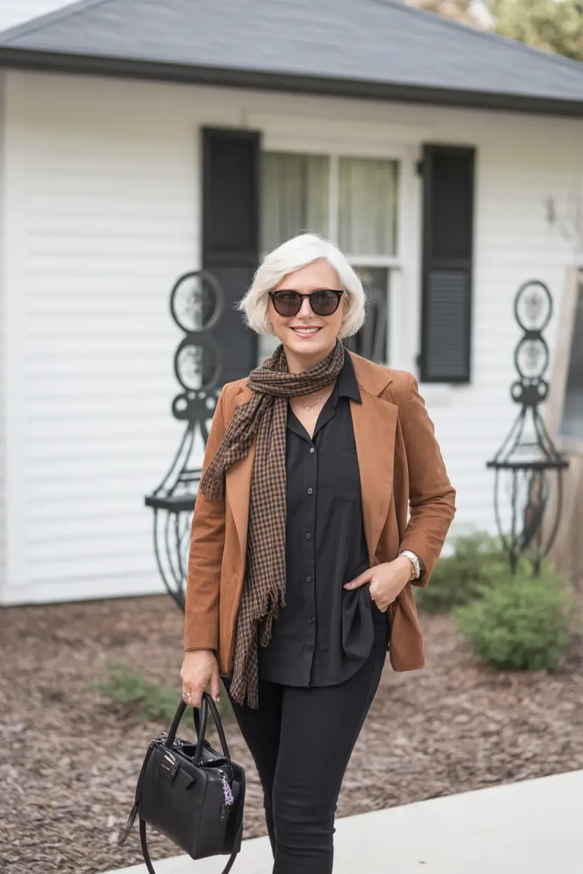 Stylish for Women Over 40 Winter Outfit 2025–2026 Classic Black with a Camel Accent