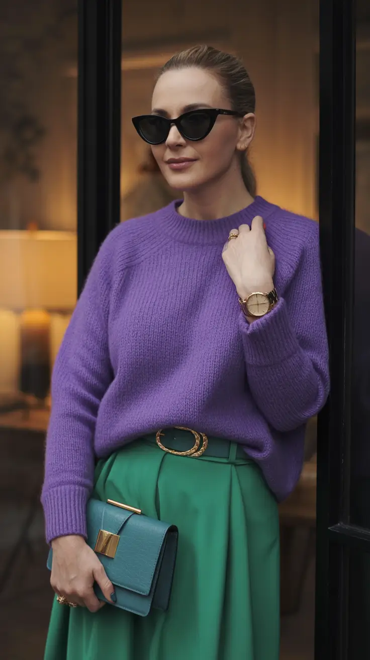 Stylish for Women Over 40 Winter Outfit 2025–2026 Bold Color Blocking with Jewel Tones