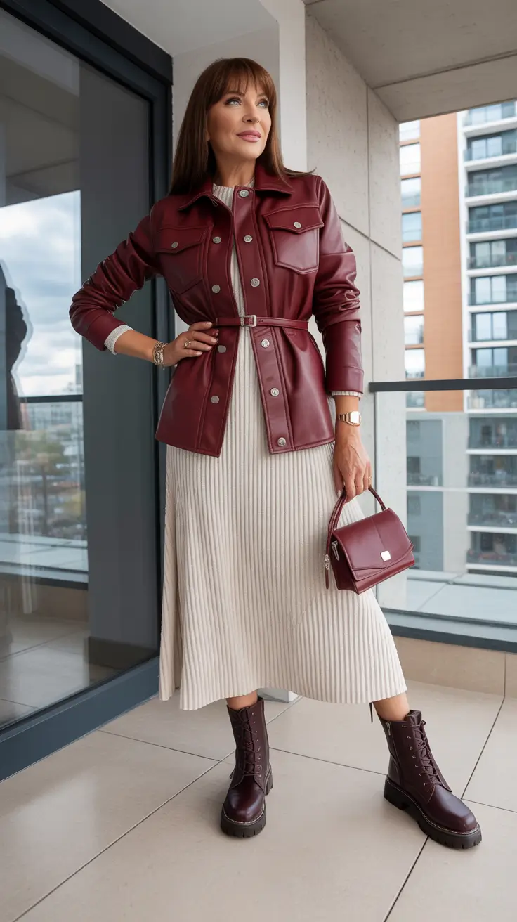 Stylish for Women Over 50 Winter Outfit 2025-2026 Wine-Toned Leather with Feminine Flow