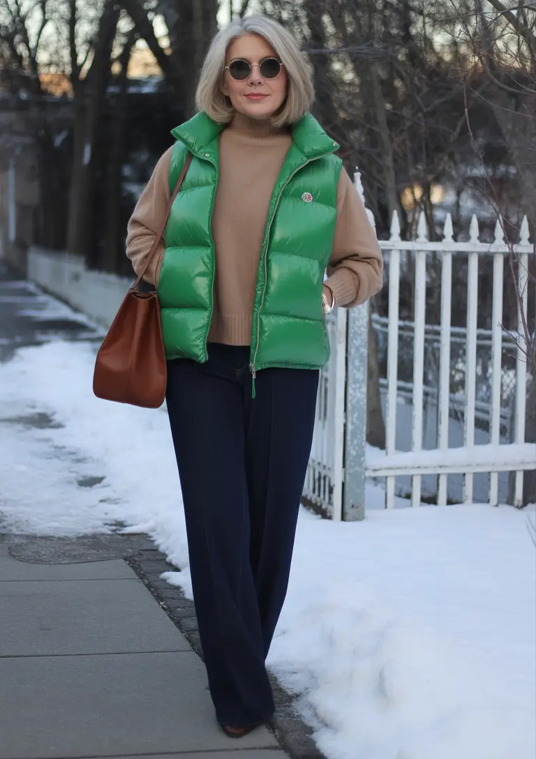 Stylish for Women Over 50 Winter Outfit 2025-2026 Puffer Vest Chic in the Snow