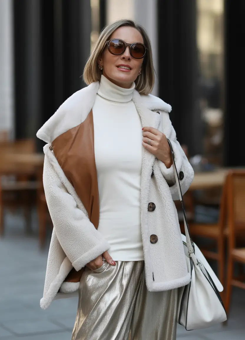 Stylish for Women Over 50 Winter Outfit 2025-2026 Shearling Chic with Metallic Edge