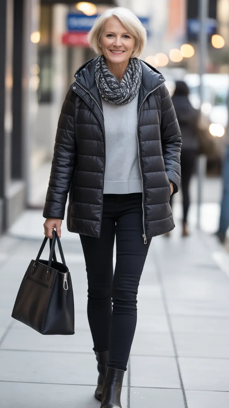 Stylish for Women Over 60 Winter Outfit 2025-2026 Modern Black Puffer with Effortless Street Chic