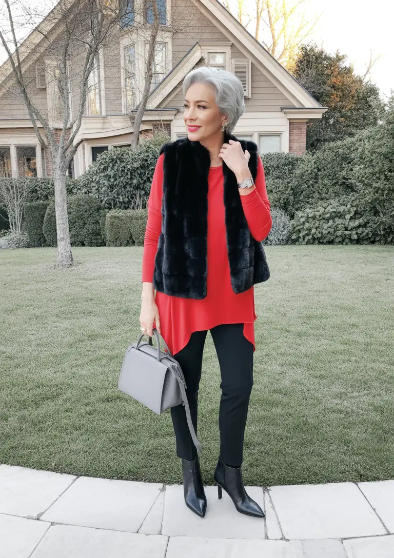 Stylish for Women Over 60 Winter Outfit 2025-2026 Faux Fur Vest with Bold Red