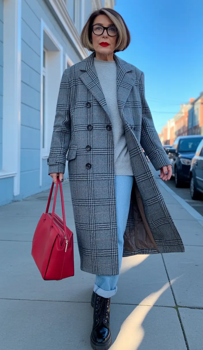Stylish for Women Over 60 Winter Outfit 2025-2026 Plaid Coat with Streetwise Energy