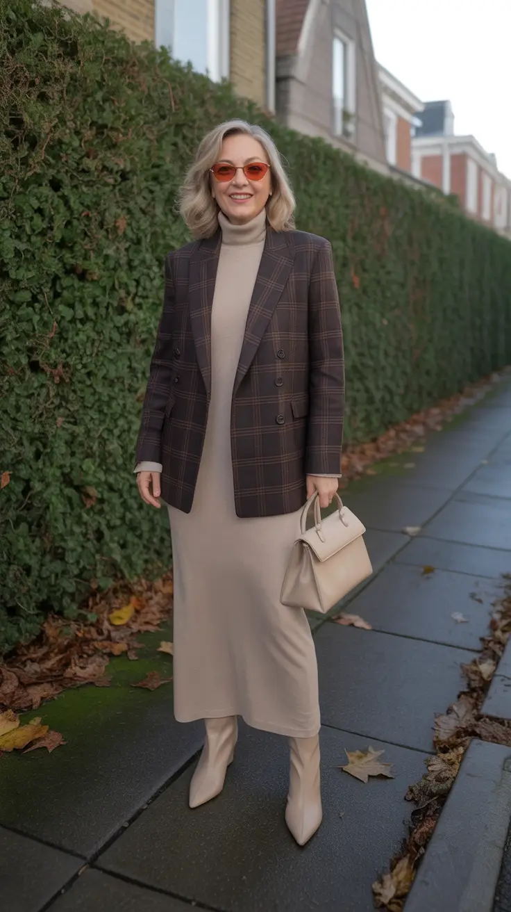Stylish for Women Over 60 Winter Outfit 2025-2026 Neutral Maxi Dress with a Sharp Blazer
