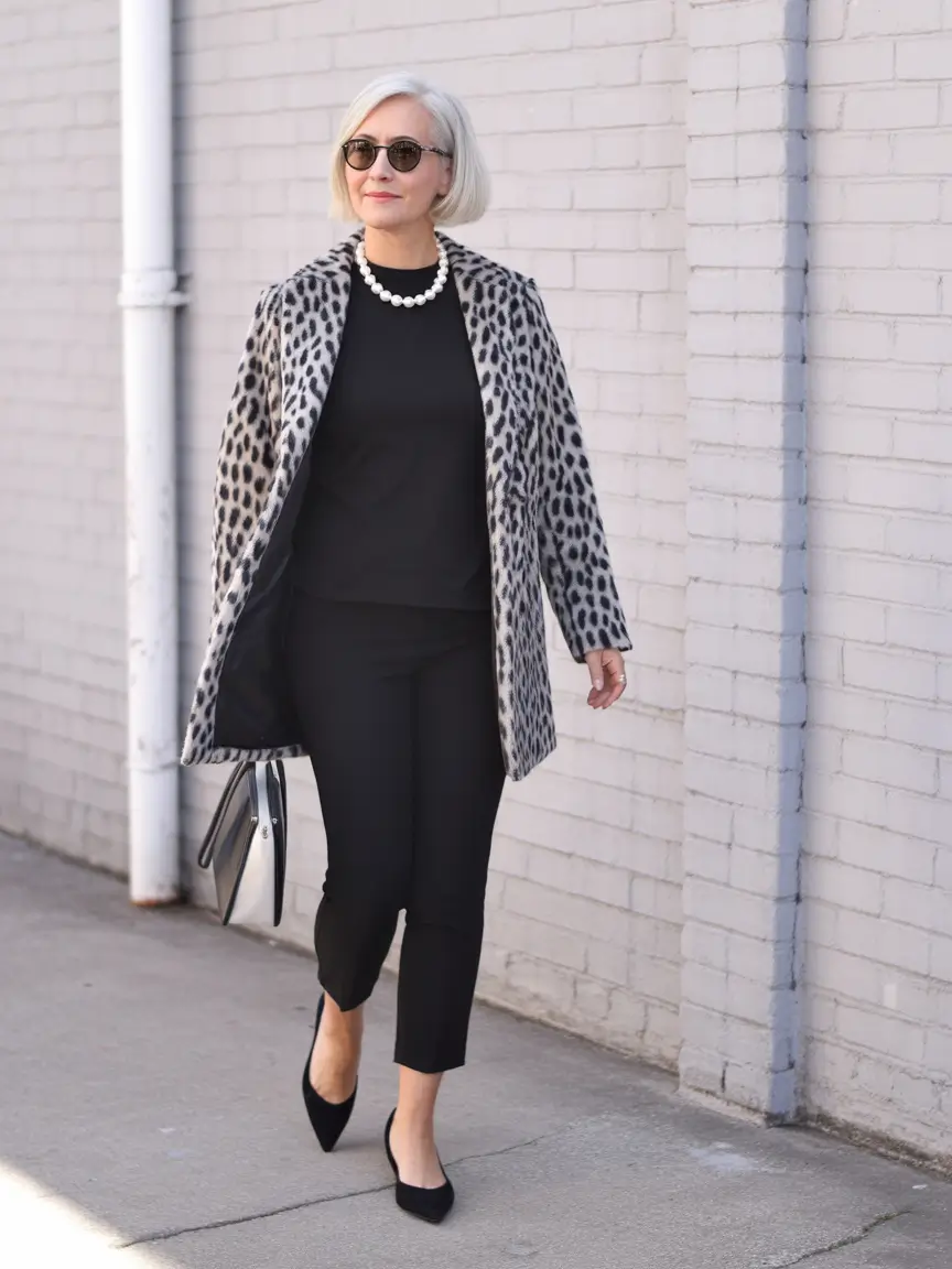 Stylish for Women Over 60 Winter Outfit 2025-2026 Animal Print Coat with Monochrome Black
