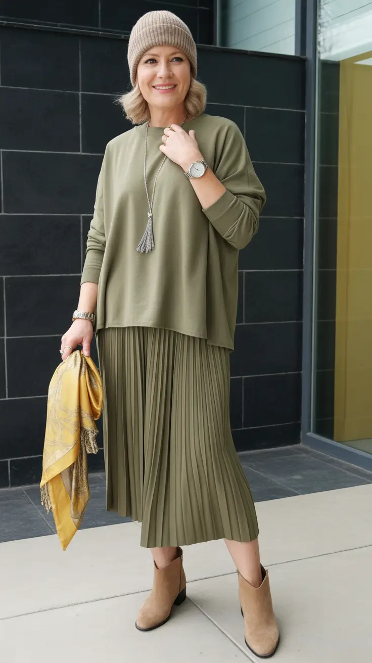 Stylish for Women Over 60 Winter Outfit 2025-2026 Relaxed Olive Layers with Pleats