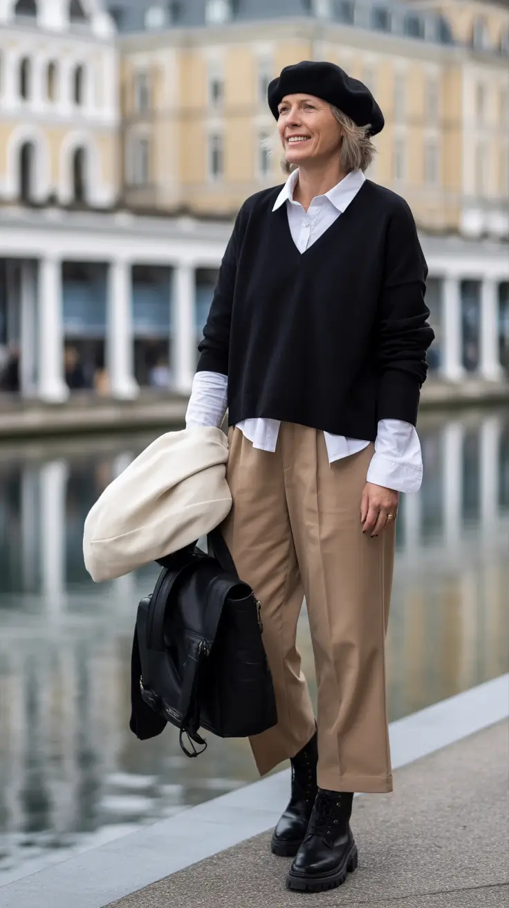 Stylish for Women Over 60 Winter Outfit 2025-2026 Parisian Black-and-Beige Vibe