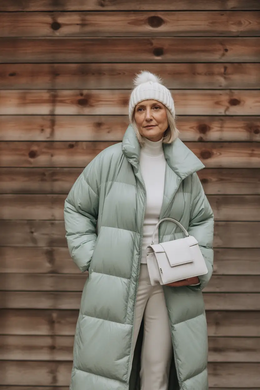 Stylish for Women Over 60 Winter Outfit 2025-2026 Frosty Elegance in Monochrome Pastels