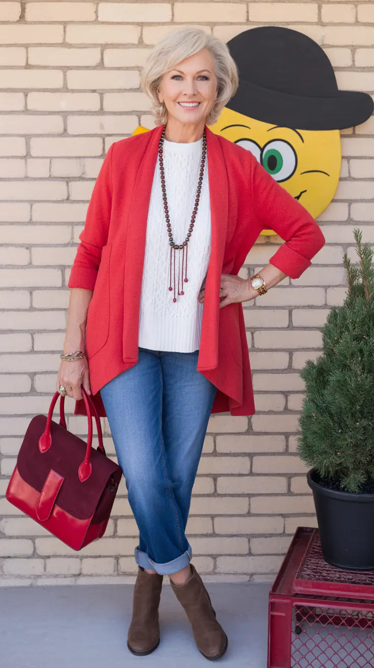 Stylish for Women Over 60 Winter Outfit 2025-2026 Casual Red Layers with Denim