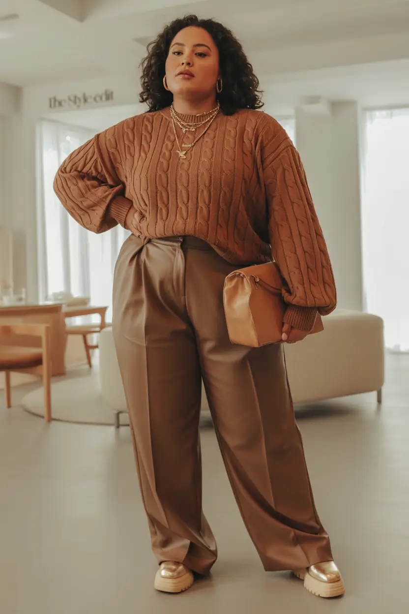 Stylish Plus Size Outfits Winter 2025-2026 Rich Caramel Tones with Wide Leg Pants